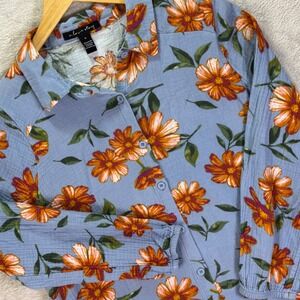 Boho Floral Button Down Shirt Blue Orange Cotton Gauze Top Women's Medium